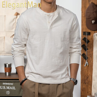 Elegantman bamboo cotton long-sleeved t-shirt for men 320g heavyweight cotton henley shirt american retro henley collar bottoming shirt white_ 320g heavyweight bamboo cotton m