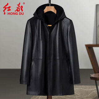 Hongdu autumn and winter genuine leather jacket men's hooded first layer sheepskin leather jacket mid-length windbreaker jacket black l 17596a