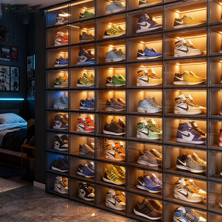 Storage expert shoe box transparent aj shoe storage box can be stacked in the dormitory simple plastic large size shoe cabinet shoe box thickened double magnetic door buckle transparent minimalist gray 4 pieces