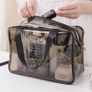 Qiao shizi pvc transparent cosmetic bag ins style travel portable waterproof portable toiletry bag skin care products cosmetics storage bag large (29cm*21cm*12cm) thickened 60 silk black gray