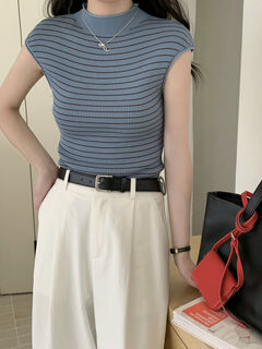 Retro style round neck striped t-shirt summer sleeveless slim ice silk sweater women's vest top blue s s