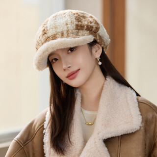 Jimmy leaf lamb wool octagonal hat women's autumn and winter warm beret big head suitable for showing face small newsboy hat painter hat khaki color one size m (56-58cm)