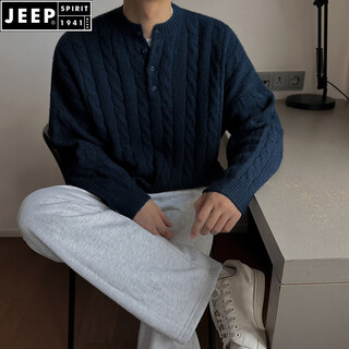 Jeep spirit lazy henry collar sweater men's autumn and winter style korean style casual loose niche knitwear men navy blue m