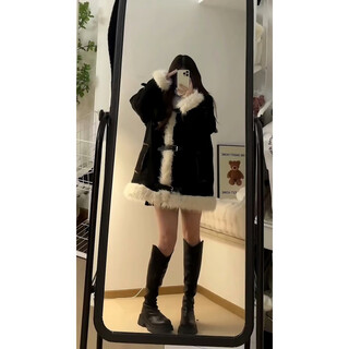 Apocalypse century design retro furry stitching lamb wool stand collar cotton clothes women's winter thickened motorcycle jacket black s