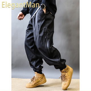 Elegantman hip-hop high-quality multi-pocket plus velvet thickened overalls for men in autumn and winter warm and loose functional leggings harem pants black plus velvet m