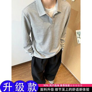 Floral gray waffle henley collar long sleeve t-shirt men's summer american lapel polo shirt premium heavyweight sweatshirt gray upgraded m