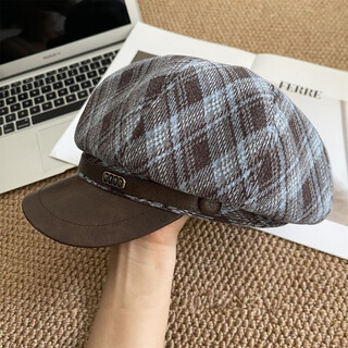 Midelei hat small head circumference women's octagonal hat huge good-looking blue brown new autumn and winter woolen plaid retro beret ins trend blue brown m (56-58cm)