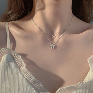 Kiss code double-layered bow necklace women's niche high-end light luxury pendant super fairy cold style clavicle chain necklace versatile accessories double-layered butterfly necklace