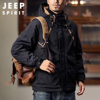 Jeep spirit jeep workwear retro cotton jacket men's winter hooded assault jacket cotton coat thick top black xl