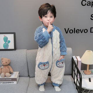 Children's one-piece pajamas autumn and winter coral velvet thickened baby anti-kick quilt winter flannel boy sleeping bag blue 90