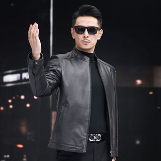 VBA头层绵羊皮海宁真皮皮衣男士新款休闲立领真皮夹克修身秋外套 黑色 M M95-105斤