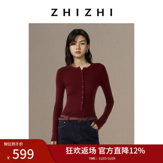 Zhizhi new water order versatile wool henley collar retro slim knitted top 25 winter new style cherry red paint color s