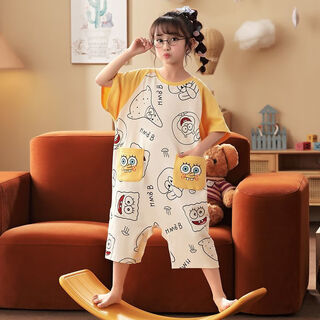 Girls one-piece pajamas summer thin pure cotton short-sleeved snap sleeping bag children baby little girl air-conditioned home clothes m02 one-piece cotton one-piece suit recommended by the store manager 90 size 8 height 90-103cm