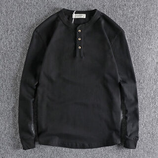 Hong kong purchasing american retro high-weight knitted versatile henley collar long-sleeved men's t-shirt solid color spring and autumn bottoming shirt black s s100-120jin jin is equal to 0.5 kg