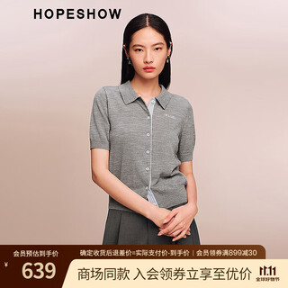Hongxiu (hopeshow) 2025 new autumn women's clothing contrast letter jacquard single-breasted short-sleeved shirt collar knitted cardigan cloud gray 075 s