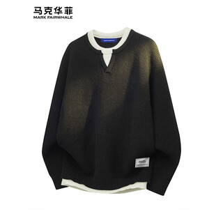 Mark huafei men's fake two-piece henry collar sweater 2025 autumn and winter versatile new trendy brand knitted men's top warm black official authentic 2xl recommended 160-180jin jin equals 0.5 kg