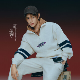 Champion brand direct sales 25 new autumn and winter sports trendy casual half-zip plus velvet men's sweatshirt star same style oatmeal color m