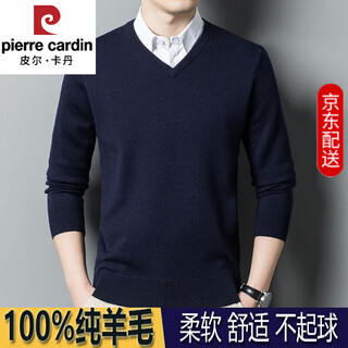 Pierre cardin high-end worsted 100 pure wool sweater men's winter thickened v-neck sweetheart neck wool sweater bottoming shirt men's sweater navy 175