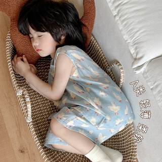 Boys' home wear summer thin children's short-sleeved shorts pajamas cotton double-layer gauze type a comfortable and cute blue background white goose_bamboo cotton vest shorts 90
