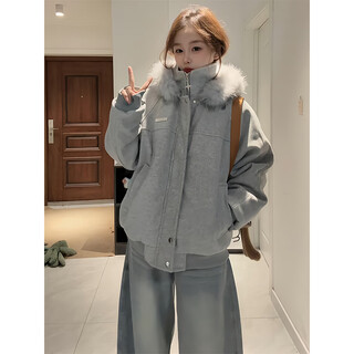 She manlai gray american hooded woolen cotton coat for men and women, winter thickened warm fur collar couple cotton coat and jacket for men, heather gray xl