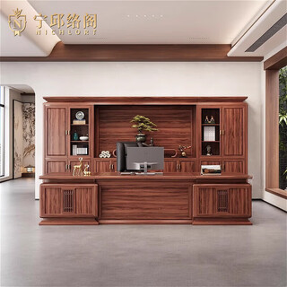 Ningqiu luoge (nichlort) new chinese style desk boss desk solid wood ceo office atmosphere high-end ebony wood executive desk bookcase combination 3.2 meters boss desk ash wood