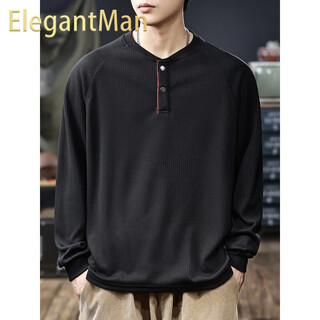 Elegantman american classic textured striped sweatshirt for men 2025 autumn new loose henry collar long-sleeved bottoming shirt black m _suitable_-125jin jin is equal to 0.5 kg