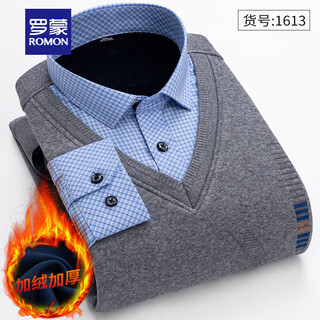 Romon winter men's fake two-piece warm shirt collar men's long-sleeved thickened velvet middle-aged father's knitted sweater gray 1613 xl velvet thickened