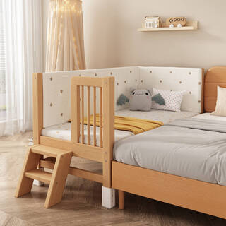 He jiagong children's bed height adjustable spliced bed large bed with guardrail bedside widened single bed baby crib solid wood bed three-sided guardrail tail ladder + class a pure cotton bedside (bed height assembled frame structure 150x80cm