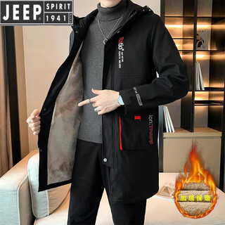 Jeep spirit jacket men's 2025 autumn and winter plush thickened warm mid-length windbreaker winter trendy windproof hooded jacket black 2xl