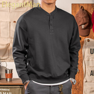 Elegantman winter and autumn henley collar sweatshirt men's pullover 320g heavy new henley shirt jacket top long sleeve casual men dark gray m