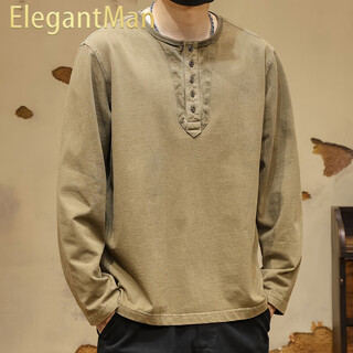 Elegantman american retro long-sleeved t-shirt men's winter heavyweight 330g henley shirt loose cotton t-shirt men's bottoming shirt mocha brown s _ 90-110jin jin equals 0.5 kg