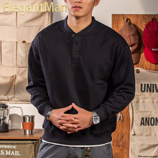 Elegantman winter and autumn henley collar sweatshirt men's pullover 320g heavy new henley shirt jacket top long sleeve casual men black m