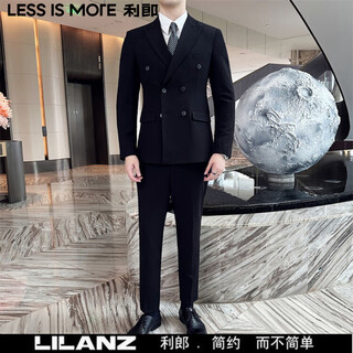 Less is more lilang suit double-breasted men's three-piece business formal dress groomsmen wedding suit black m
