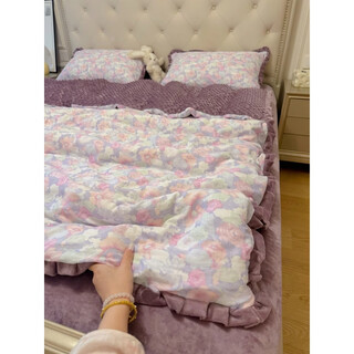 Fantasy yarn thickened baby velvet bed four-piece set winter thickened lace quilt cover sheet and fitted sheet set purple cherry blossom a side cotton yarn + b side baby velvet bed sheet style 1.5m bed sheet style four-piece set quilt cover 200x230