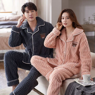 Victoria style couple pajamas for women, autumn and winter coral velvet thickened warm lapel flannel for men, wearable home clothes suit j8163 coral velvet m female + male l