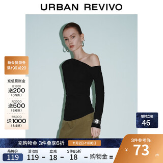 Ur2025 new autumn women's casual slanted shoulder collar pleated slim long-sleeved t-shirt uwm450130+ black m