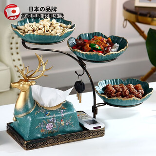Harvest new product creative multifunctional dried fruit plate living room coffee table fruit plate home multi-layer candy plate home decoration 02 dark green fruit plate + tissue box + iron art