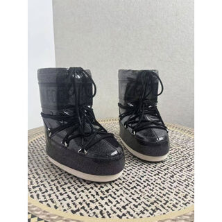 内增高月亮靴冬季长筒滑雪鞋保暖防滑雪地靴 黑色亮面 35 35