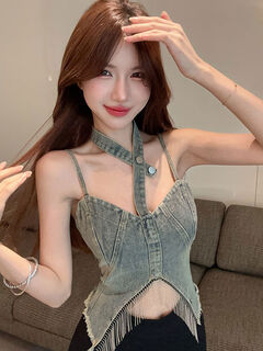 Hot girl style slim halter suspender tassel heavy denim top women's summer new irregular short vest light blue s s