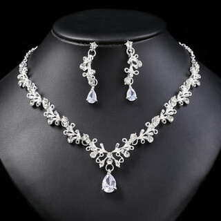 Korean bridal wedding dress necklace earrings set women's clip zircon series crystal clavicle chain evening dress accessories silver