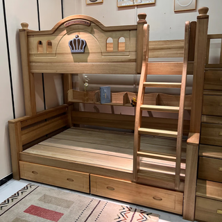 Zhaoxuan upper and lower bunk bed all solid wood girl storage staggered children's bed double bed upper and lower bunk wooden bed ladder type + double drawers free mattress 1.5 meters * 2 meters