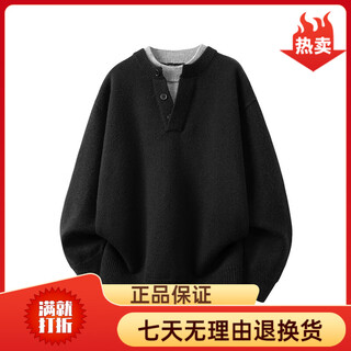 Playboy (playboy) casual lazy style henley collar sweater men's 2025 winter new loose and versatile knitted sweater top black m