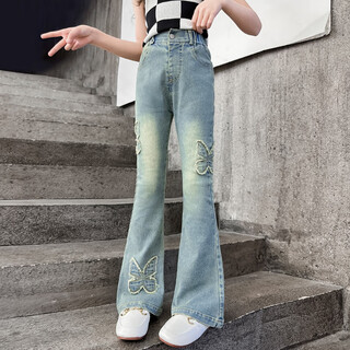 Girls' butterfly embroidered flare pants 2025 autumn and winter new retro milf jeans for big kids with velvet plus sn5236 blue spring and autumn style mef butterfly flared pants cm 120