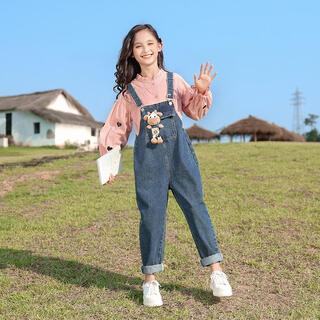 Ainolun children's overalls girls long pants 9-12 years old middle-aged and older girls autumn day wear long-sleeved jeans set single piece overalls (doll random) 150 cm