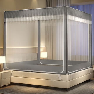 Fantasy bed mosquito net 1.5m 1.8m bed 2m yurt household anti-fall children's fence summer anti-mosquito return bed sheet gauze style silver gray three-door 1.5*1.9m paint bracket