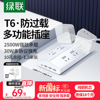 Lulian one piece t6 trapezoidal plug-in strip new national standard usb socket / plug-in strip gallium nitride 30w fast charging anti-overload plug-in computer apple xiaomi 17