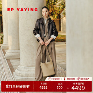 Ep yaying 2025 autumn new women's high gloss sheepskin retro loose stand collar leather short jacket p101a brown l