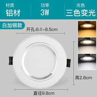 双韵唯筒灯三色变光天花射灯白光嵌入式客厅瓦开孔孔灯铜灯公分 白加银3W变光（暖+中性+白）