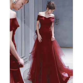 Libaixin's new toasting dress for brides, high-end, burgundy wedding return fishtail engagement dress, one shoulder slimming dress for women, burgundy l, recommended 100-110 jin jin equals 0.5 kg