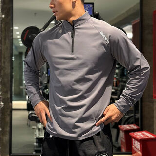 Wujiang miaopin fitness long-sleeved men's loose elastic half-zip sports t-shirt american running spring and autumn basketball training cycling jersey carbon gray m m